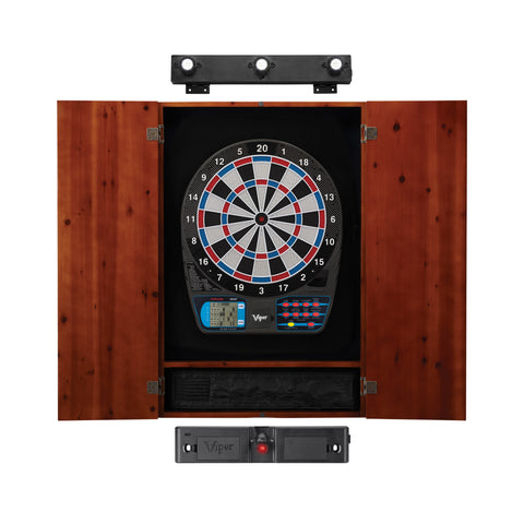 Image of Viper 787 Electronic Dartboard, Metropolitan Cinnamon Cabinet, Laser Throw Line & Shadow Buster Dartboard Light Bundle
