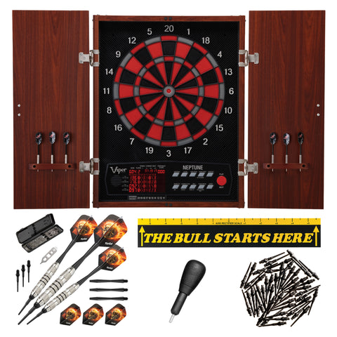 Image of Viper Neptune Electronic Dartboard, "The Bull Starts Here" Throw Line Marker, Blazer 16g Soft Tip Darts, Dart Tip Remover Tool & Tufflex II Black Dart Tips