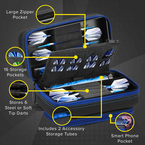 Image of Casemaster Plazma Pro Dart Case Black with Sapphire Zipper and Phone Pocket
