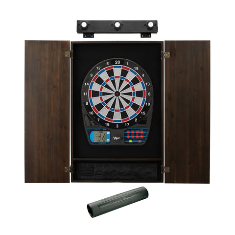 Image of Viper 787 Electronic Dartboard, Metropolitan Espresso Cabinet, Dart Mat & Shadow Buster Dartboard Light Bundle