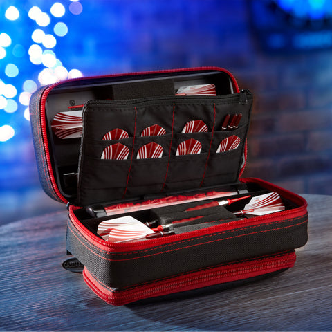 Image of Casemaster Plazma Pro Dart Case Black with Ruby Zipper and Phone Pocket