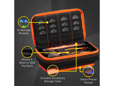 Casemaster Plazma Plus Dart Case Black with Orange Zipper and Phone Pocket - HomeFitPlay