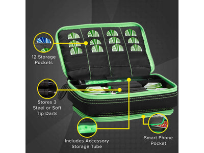 Casemaster Plazma Plus Dart Case Black with Green Zipper and Phone Pocket - HomeFitPlay